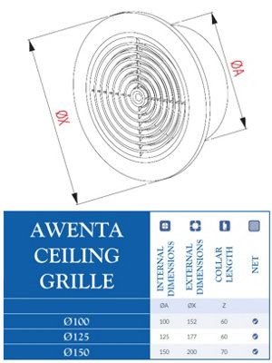 Awenta 100mm Ceiling Ventilation Grille Duct Cover with Anti Insects Net