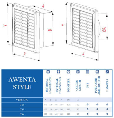Awenta 130x130mm 110mm Duct Wall Ventilation Grille Cover Net Pull Cord Shutter