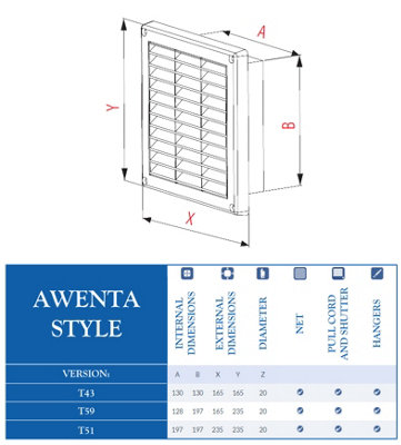 Awenta 200x200mm Wall Ventilation Grille Duct Cover with Net Pull Cord and Shutter