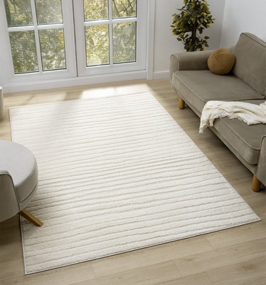 Aya Living Room Area Rugs - Embossed Lines Pattern Cream 200cm x 290cm