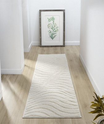 Aya Living Room Area Rugs - Embossed Waves Design Cream 60cm x 220cm