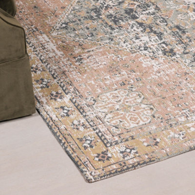 Azalea Faded Pink With Blue Chenille Washed Rug 170x120cm