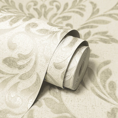 AZARA DAMASK NATURAL/ GOLD METALLIC LUXURY TEXTURED WALLPAPER FD43990
