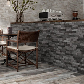 Azion Black Split Faced Stone Effect Indoor & Outdoor Porcelain Tile - Pack of 24, 0.85m² - (L)442x(W)80