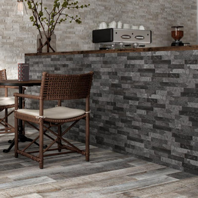 Azion Black Split Faced Stone Effect Indoor & Outdoor Porcelain Tile Pack of 24 Tiles 0.85m² (L)442mm (W)80mm