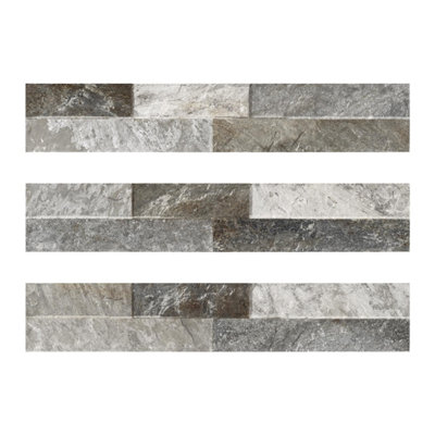 Azion Grey Split Faced Stone Effect Indoor & Outdoor Porcelain Tile - Pack of 24, 0.85m² - (L)442x(W)80