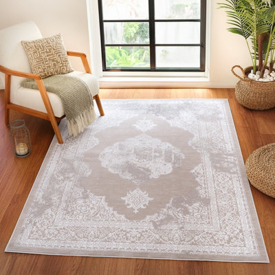 AZRA Vintage Traditional Oriental Boho Beige/White Area Rug 160 x 220 cm