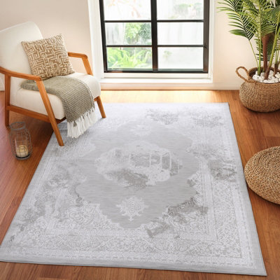 AZRA Vintage Traditional Oriental Boho White/Grey Area Rug 120 x 170 cm