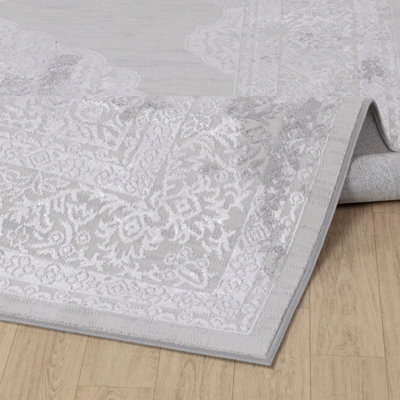 AZRA Vintage Traditional Oriental Boho White/Grey Area Rug 120 x 170 cm