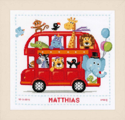 B/REC FUNNY BUS - Counted Cross Stitch Kit: Birth Record: Funny Bus - Vervaco