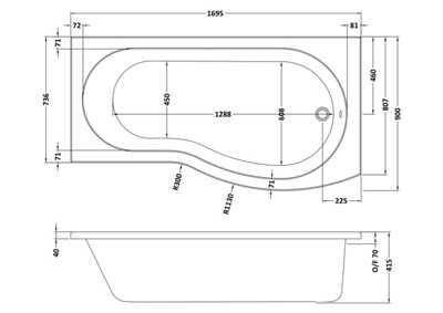 B Shape Bathtub, Front Panel and Bath Screen with Rail - Chrome Profile