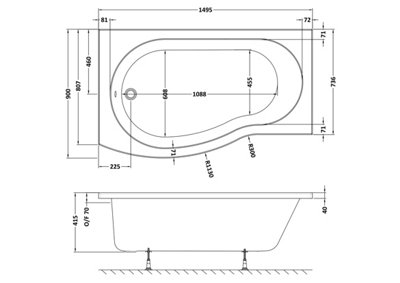 B Shape Left Hand Shower Bath Tub & Leg Set (Waste & Panels Not Included) - 1500mm - Balterley