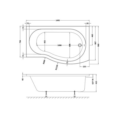 B Shape Right Hand Shower Bath Tub & Leg Set - 1500mm