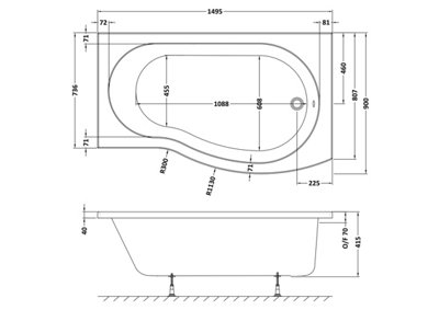 B Shape Right Hand Shower Bath Tub & Leg Set - 1500mm