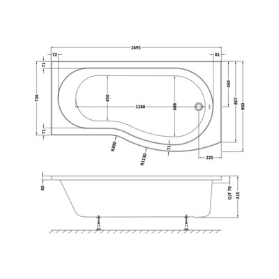 B Shape Right Hand Shower Bath Tub & Leg Set - 1700mm