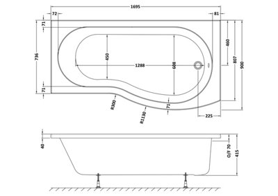 B Shape Right Hand Shower Bath Tub & Leg Set - 1700mm