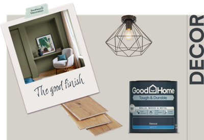 Graphic titled 'Decor' featuring a polaroid captioned 'the good finish', laminate planks, a ceiling light and GoodHome paint.