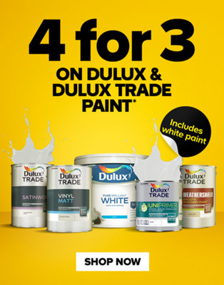 4 for 3 on Dulux and Dulux trade. Includes white paint. Terms and conditions at the end of this page. Shop now.