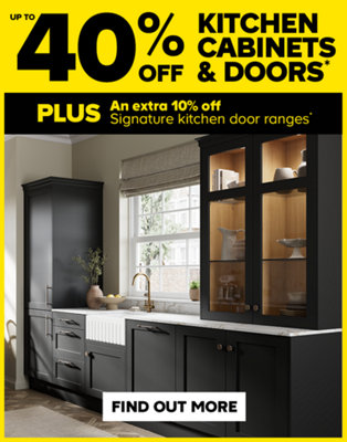 Up to 40% off kitchen cabinets & doors. Plus an extra 40% off signature door ranges. Terms and conditions at the end of this page. Find out more.