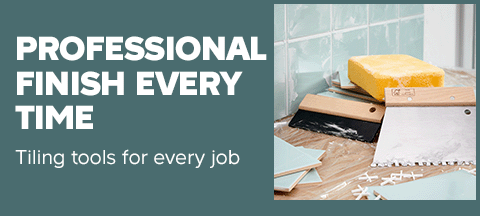 A three piece tiling tool kit mid tiling projects. There is a notched comb, a planer file and a sponge win the kit. Text on image says "Professional finish every time. Tiling tools for every job." Click to see all of our tiling tools.