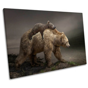 Baby Bear with Mother Family Animal CANVAS WALL ART Print Picture (H)40cm x (W)61cm
