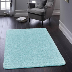 Baby Blue Washable Plain Shaggy Modern Anti-Slip Easy To Clean Dining Room Rug-100cm X 100cm