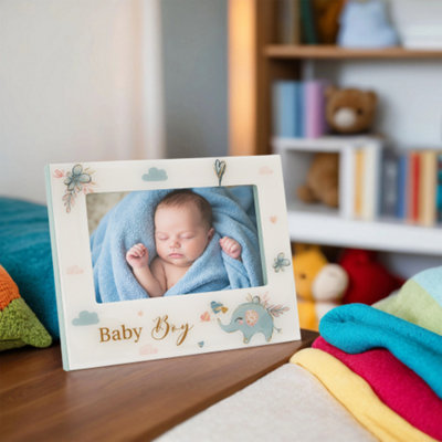 Baby Boy Baby Picture Frame with Duck Egg Blue Elephant and Hearts