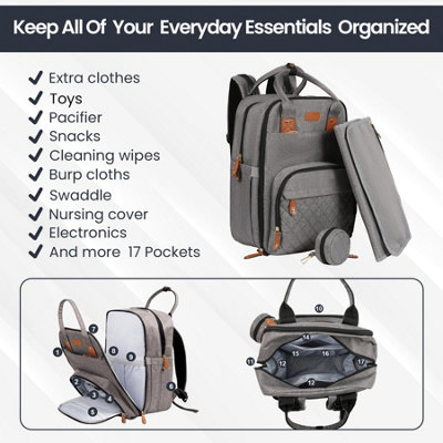 Baby Changing Bag with Pacifier Holder Changing Mat Stroller Straps Diaper Bag - Grey - 5