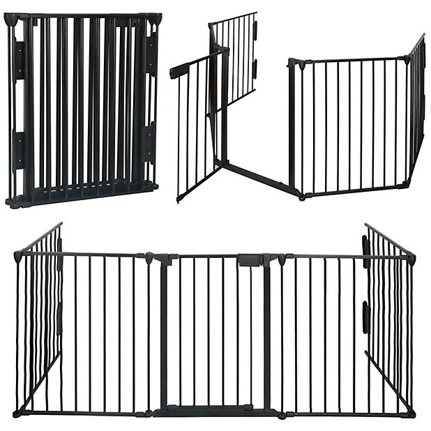 5-Panel Metal Indoor Safety Guard/Barrier/Play Yard for Baby Pets Dog Cat Christmas Tree BBQ Protection,120inch Wide,Black Houssem Fireplace Fence Baby Safety Gate 