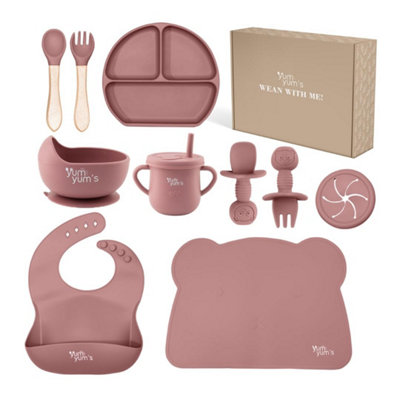 Baby Weaning Set Silicone 10-Piece Feeding Set with Suction Plate, Bowl, Bib, Cup, and Cutlery for Toddlers - Pink
