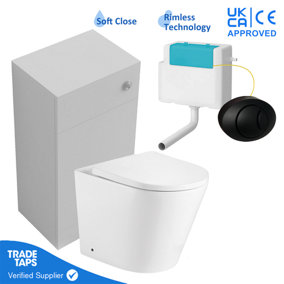 Back to Wall WC Unit 500mm White with Rimless Toilet Pan Concealed Cistern & Black Button
