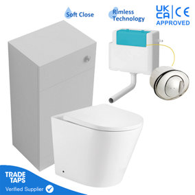Back to Wall WC Unit 500mm White with Rimless Toilet Pan Concealed Cistern & Chrome Button