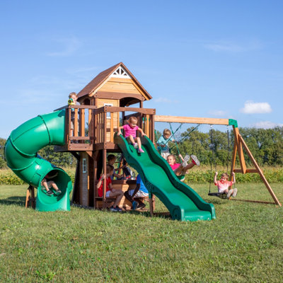 Backyard Discovery Cedar Cove Wooden Climbing Frame with 2 x Swings, Web Disc Swing and 2 x Slides
