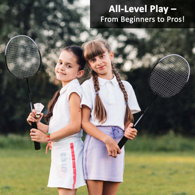 Badminton Set 2 Rackets & Shuttlecocks for Adults & Children, Garden Game Kit, Black