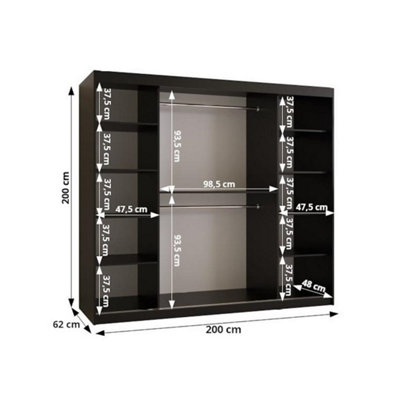 Gaba Furniture Gold Series 200 Cm Black Sliding Door Wardrobe Widths 100/120/150/180/200/250 Cm Furniture For Bedroom Living Room Wardrobe With Hanging Rail White/Black/Cashmere