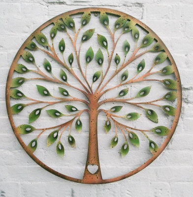 Bakers - Large Green Leaf Tree of Life Metal Wall Art - Rustic Painted ...