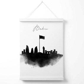 Baku Watercolour Skyline City Poster with Hanger / 33cm / White