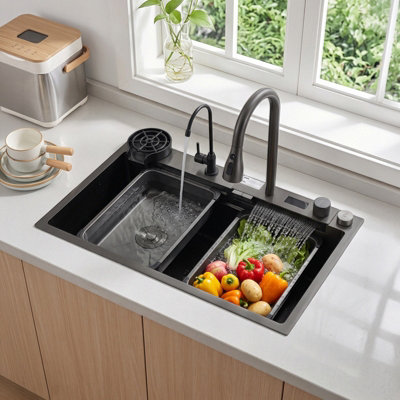 Balck Inset Kitchen Sink with Pull-out Tap and Waste Set, Stainless Steel