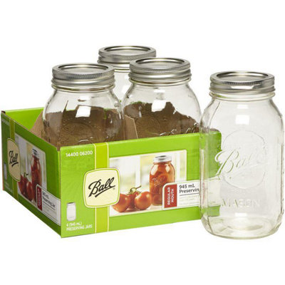 Ball 4-Pack Glass Mason Jars – 946ml (1 Quart) Regular Mouth, Perfect For Canning & Meal Prep