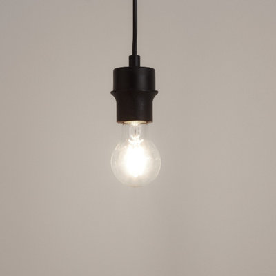 Pendant light fitting with black cable and black surround around traditional style bulb with no frame.