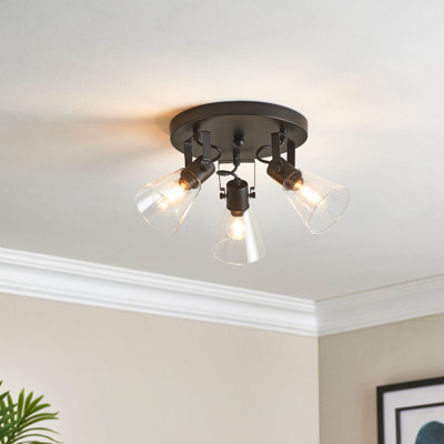 Matt black downlight light fixture with three bulbs, glass light shades and traditional style bulbs.
