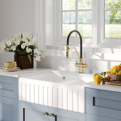 Balterley 795mm - Fireclay Kitchen Double Bowl Fluted Front Butler Sink ...