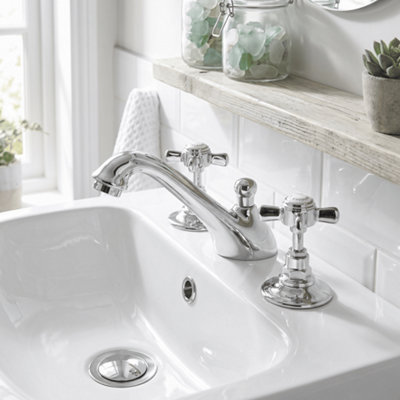 Balterley Hanchurch Traditional Crosshead 3 Tap Hole Basin Tap and Pop Up Waste - Chrome