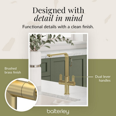 Balterley Ipstones Kitchen Mono Mixer Tap with Dual Lever Handles, Curved Swivel Spout - Brushed Brass Finish