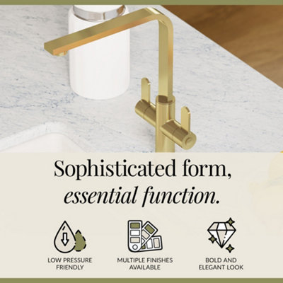 Balterley Ipstones Kitchen Mono Mixer Tap with Dual Lever Handles, Curved Swivel Spout - Brushed Brass Finish
