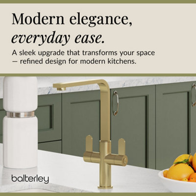 Balterley Ipstones Kitchen Mono Mixer Tap with Dual Lever Handles, Curved Swivel Spout - Brushed Brass Finish