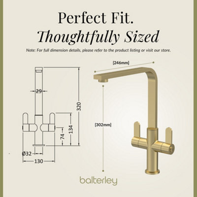 Balterley Ipstones Kitchen Mono Mixer Tap with Dual Lever Handles, Curved Swivel Spout - Brushed Brass Finish