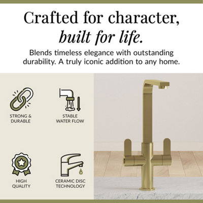 Balterley Ipstones Kitchen Mono Mixer Tap with Dual Lever Handles, Curved Swivel Spout - Brushed Brass Finish