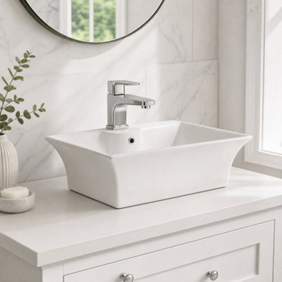 Balterley Modern Bathroom Rectangular Vessel Basin for Countertop, White Vitreous China, Contemporary Design, 496 mm