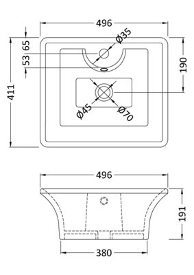 Balterley Modern Bathroom Rectangular Vessel Basin for Countertop, White Vitreous China, Contemporary Design, 496 mm